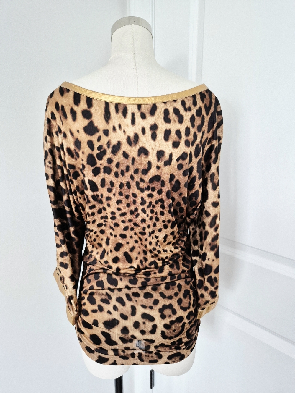 Vtg 90s D&G Leopard Rose Gold Leather Trim 3/4 Flared Slv Tunic Top Luxury Retro - Picture 7 of 11